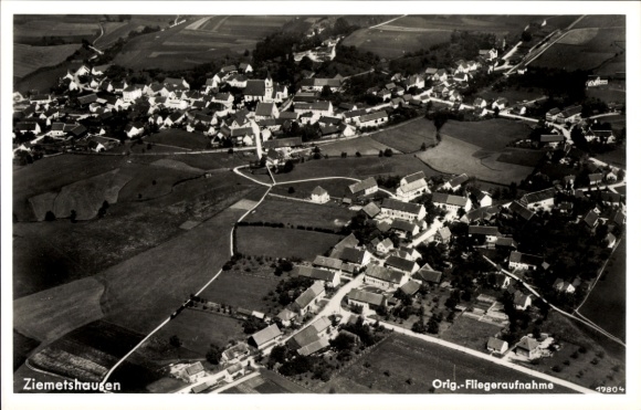 Postcard Ziemetshausen in Swabia, aerial view of rural surroundings, houses, streets