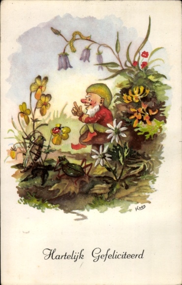 Artist Postcard Congratulations, Dwarf, Grasshopper, Flowers