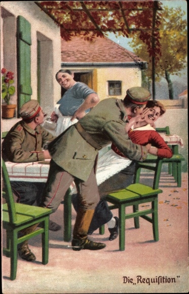 Artist Postcard The Requisition, soldiers with women in front of the tavern, kiss, always professional, I. WK