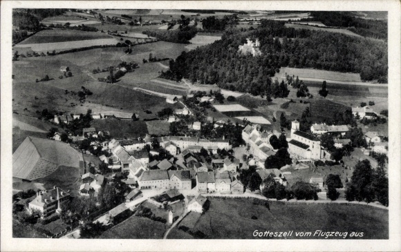 Postcard Gotteszell in Lower Bavaria, aerial view of rural surroundings, architecture