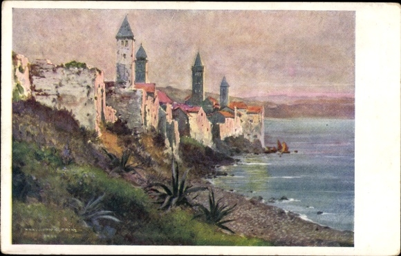 Artist Postcard Rab Arbe Croatia, harbor, towers, shore