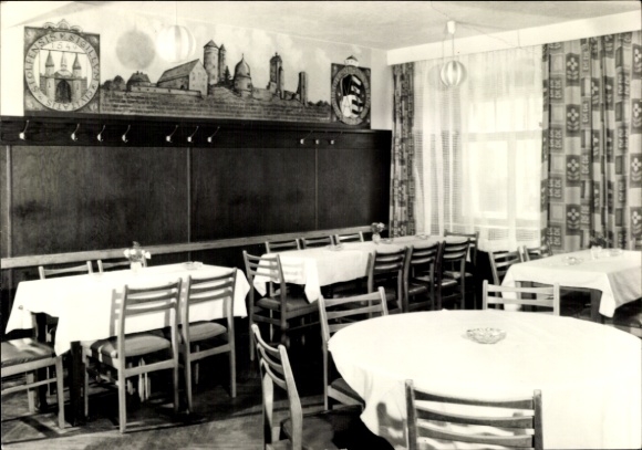 Postcard Stolpen in Saxony, restaurant with tables and chairs, wall with mural pictures
