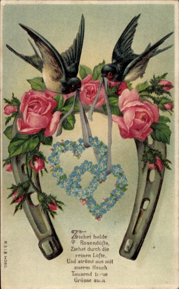 Präge Ak Hufeisen, Schwalben, Herzen aus Vergissmeinnicht, Rosen
