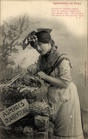 Ak Argenteuil Val d'Oise, junge Frau mit grünem Hut, Spargelkorb, Aufschrift "ASPERGES D'ARGENTEU