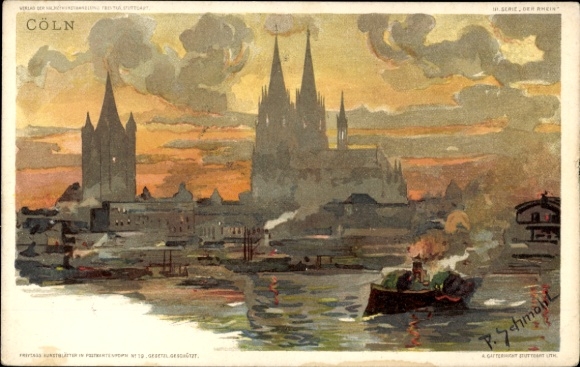 Artist Postcard Schmohl, P., Cologne on the Rhine, total view, cathedral, boat