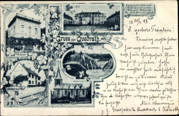 Postcard Quadrath Ichendorf Bergheim an der Erft, Gasthof zur Post, church, castle, Villa Saphir