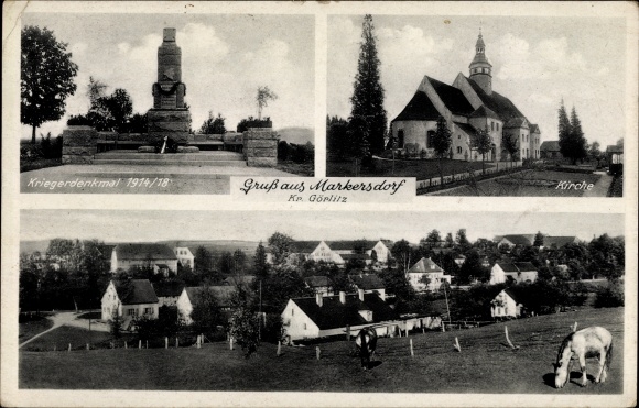 Ak Markersdorf in der Oberlausitz, kerk, oorlogsmonument, uitzicht op de stad