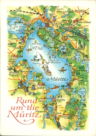 Maps artist PC Hoppe, around the Müritz, goods, Rechlin, Zielow, Röbel