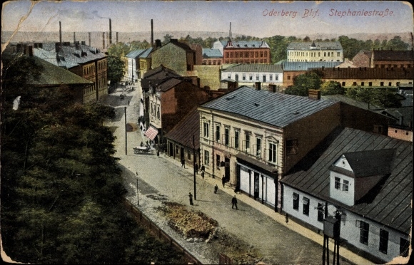 Postcard Bohumín Oderberg Reg. Moravian Silesia, train station, Stephaniestrasse, shops