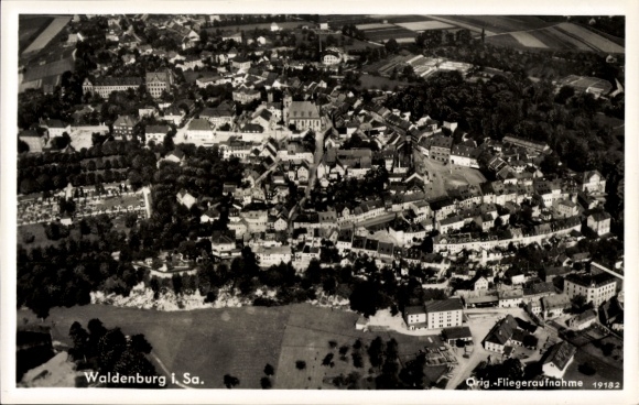 Postcard Waldenburg in Saxony, aerial view of building, green landscape