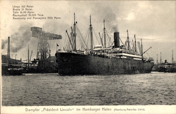 Postcard Hamburg, steamer President Lincoln in the harbor, HAPAG