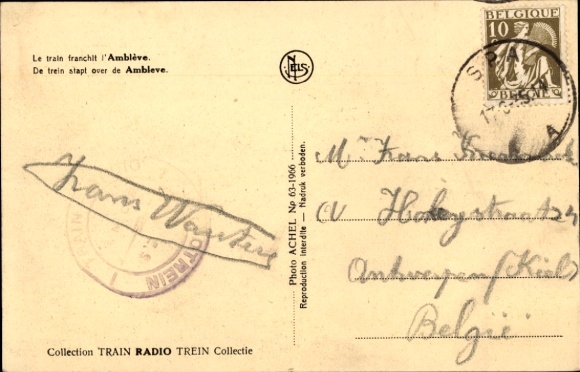 Postcard Belgian Railway, train crossing Ambleve