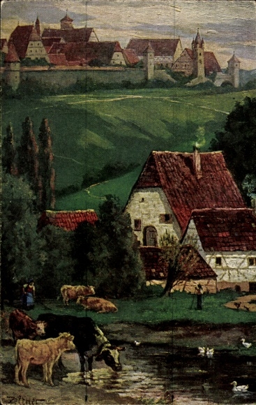 Artist Postcard Rothenburg ob der Tauber Middle Franconia, view from the Herrenmühle, cows