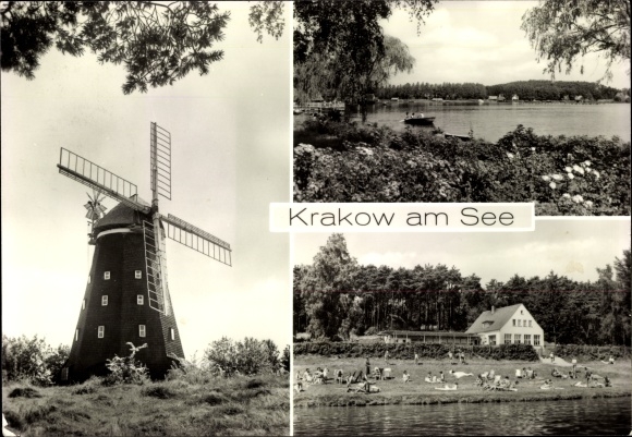 Postcard Krakow am See in Mecklenburg, Dutch mill, restaurant Jörnberg