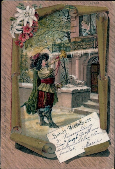 Ak Grimma in Sachsen, Junge mit Horn, Hund, Haus, Blumen