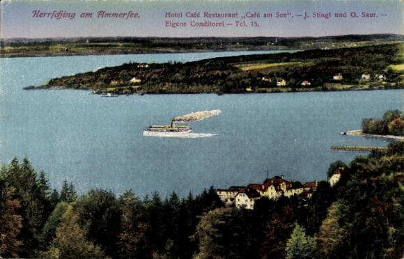Postcard Herrsching am Ammersee, Hotel, Cafe, Restaurant, Cafe am See, J. Stingl and G. Saur, Condit...