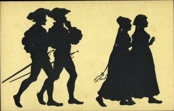 Paper cutting artist Postcard Konewka, P., climbing up, young women in traditional costume, men