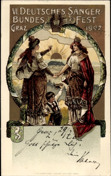 Embossed coat of arms litho Graz Styria, VI. German Singers' Festival 1902, Germania, sunrise