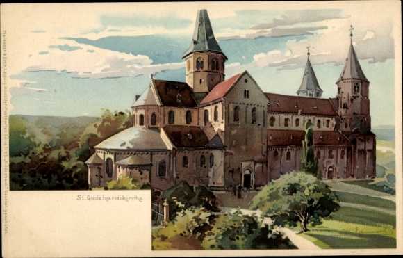 Kunstenaar litho Hammel, Otto, Hildesheim, Gezicht op de St. Godehardi-kerk