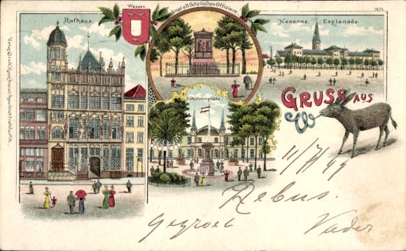 Chromo-Litho Wesel Niederrhein, Town Hall, Monument 11 Schill Officers, Schützenplatz, Barracks Esplanade