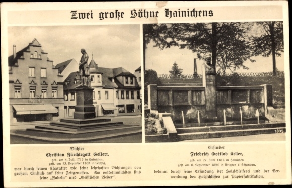 Postcard Hainichen in Saxony, Christian Fürchtegott Gellert, Friedrich Gottlob Keller, monuments