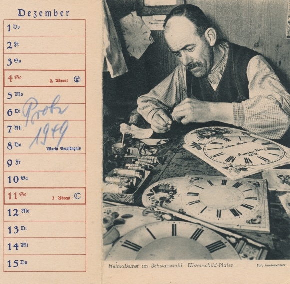 PC Freiburg im Breisgau, clock sign painters in the Black Forest, calendar December 1949