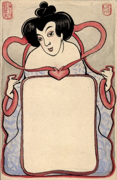 Künstler Ak Porträt einer Frau, Kimono, Herz