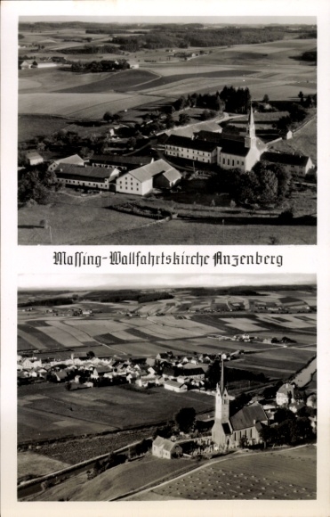 Postcard Anzenberg Massing in the valley of the Rott Lower Bavaria, aerial photograph, pilgrimage church