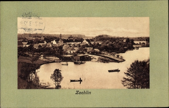 Passepartout Postcard Village Zechlin Rheinsberg, city panorama, waters, boats