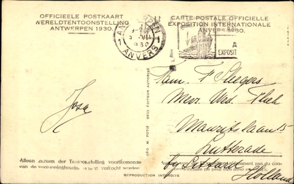 Postcard Anvers Antwerp, Exposition, World Exhibition, World Exhibition 1930, Hoofdingang, Night