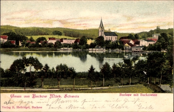 Ak Buckow in der Märkischen Schweiz,  Buckowsee, Kirche, deutschsprachiger Text, Verlag E. Hellri