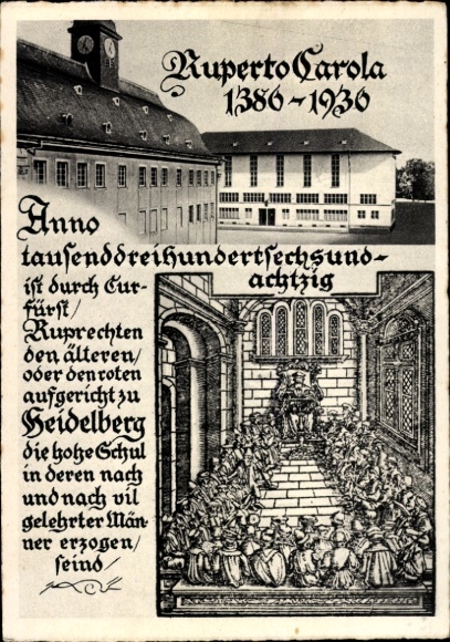 Kunstenaar postwaardestuk ansichtkaart Heidelberg 550-jarig jubileum universiteit 1936, Ruperto Carola