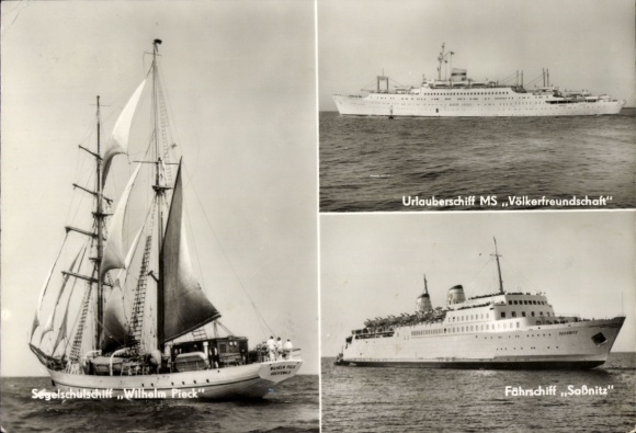 Postcard sail training ship Wilhelm Pieck, holiday ship GTMS Fritz Heckert, ferry Sassnitz