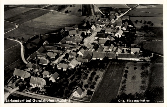 Postcard Järkendorf Prichsenstadt in Lower Franconia, aerial view of Järkendorf, houses, streets, landscape