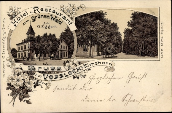 litho Vossloch Bokholt Hanredder in Holstein, Hotel en Restaurant zum Grüne Wald
