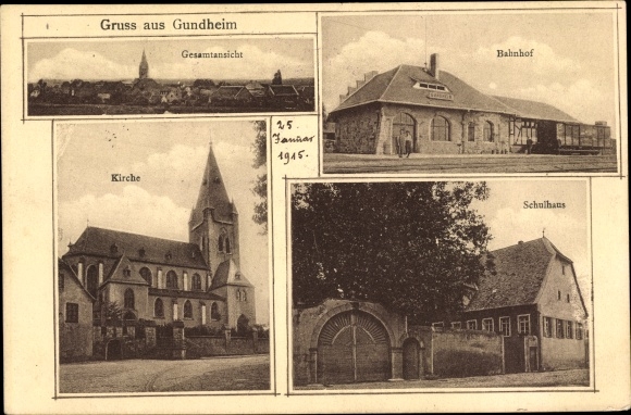 PC Gundheim in Rheinhessen, train station, track side, school building, church, total view
