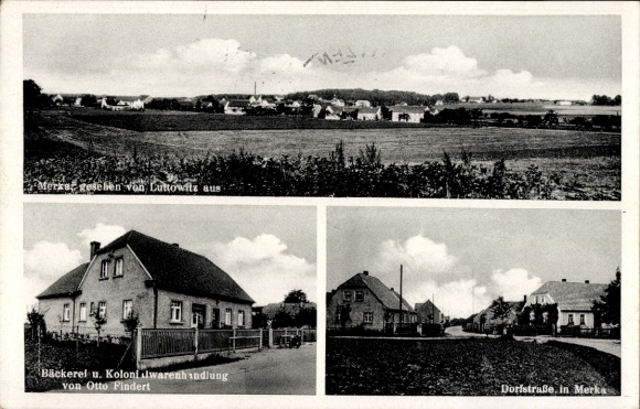 Ak Merka Radibor in der Oberlausitz Sachsen, Blick v. Luttowitz aus, Bäckerei Otto Findert, Geschäft