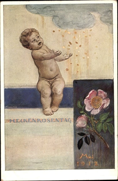 Artist PC Kaulbach, Friedrich August, Munich, Dog Rose Day May 1912, small child, rain of money