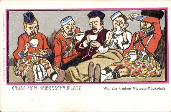 Artist Postcard Greetings from the theater of war, We all drink Victoria chocolate, Boer War