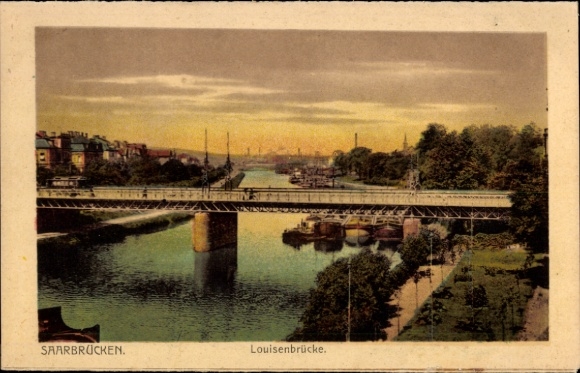 Postcard Saarbrücken in Saarland, Louisenbrücke, river, bridge, city view