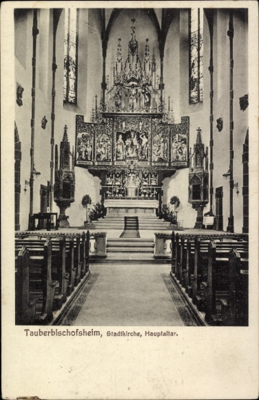 Postcard Tauberbischofsheim in Baden, town church, main altar, pews, religious art