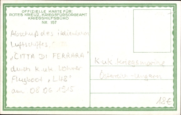 Postcard Destruction of the Italian airship Citta di Ferrara by KuK flying boat, I WW