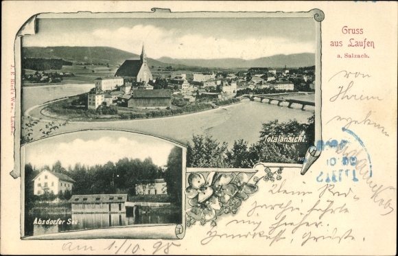 Ak Laufen Salzach im Berchtesgadener Land, Totalansicht der Ortschaft, Absdorfer See, Kirche