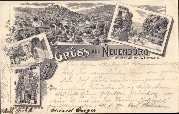Chromo-Litho Neuenbürg in the Black Forest Württemberg, castle, street section, total view