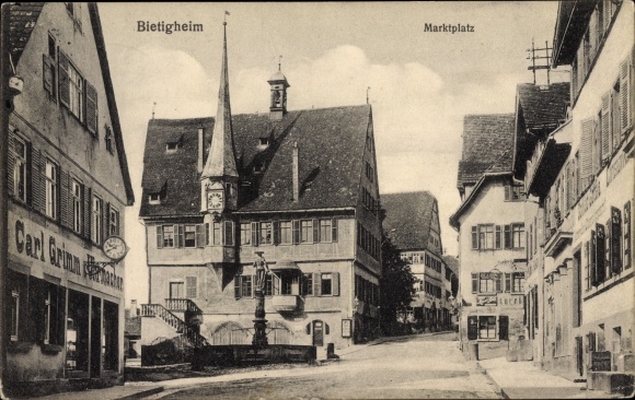 Ansichtkaart Bietigheim Bissingen an der Enz, marktplein, horlogemaker Carl Grimm