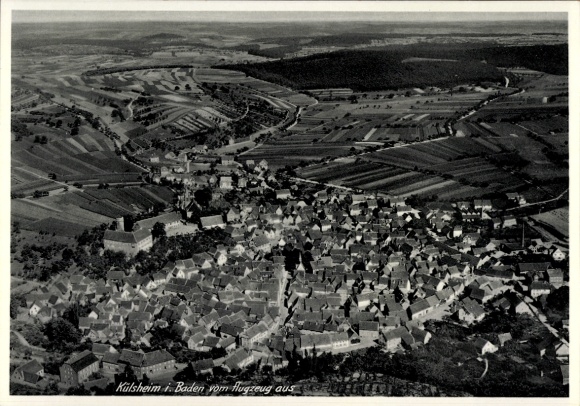 Postcard Külsheim in Baden, aerial view of rural surroundings, clusters of houses, fields