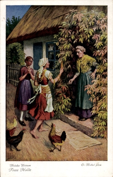 Artist Postcard Kubel, Otto, Frau Holle, Brothers Grimm, fairy tales, chickens, Goldmarie, spindle