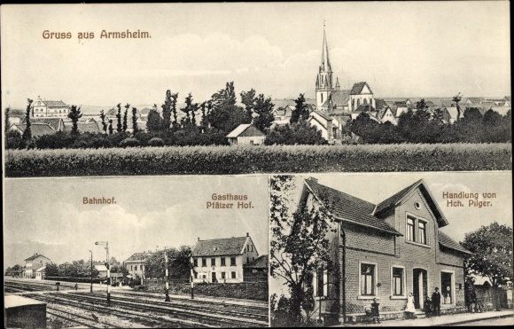 Ak Armsheim in Rheinhessen, Bahnhof, Gleisseite, Gasthaus Pfälzer Hof, Geschäft