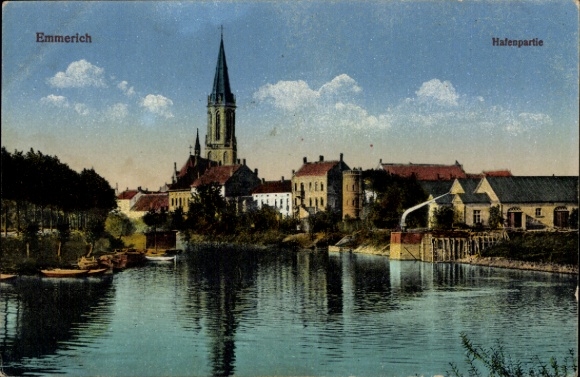 Postcard Emmerich am Niederrhein, historical harbor view, St. Martinus Church, waterway, old town