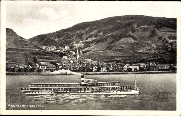 Postcard Assmannshausen Rüdesheim am Rhein, ship on the water, village vineyards in the background